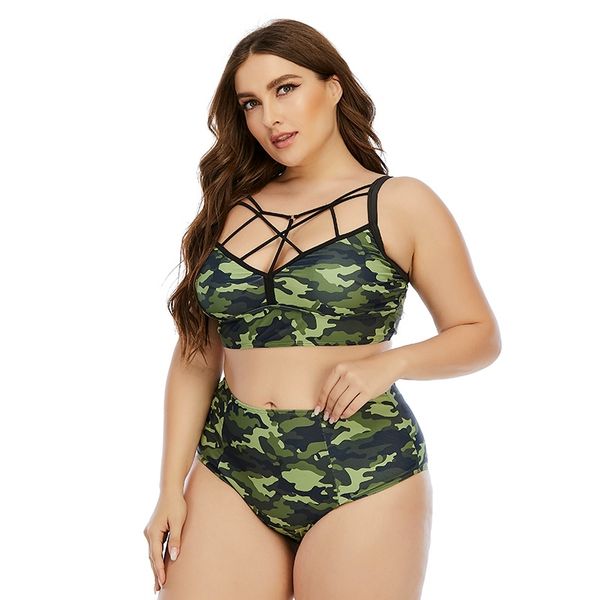 Plus Größe Hohe Taille Bikini Set Armee Grün Frauen Badeanzug Verband Bademode Weibliche Camouflage Badeanzug Camo Strand Tragen 210520