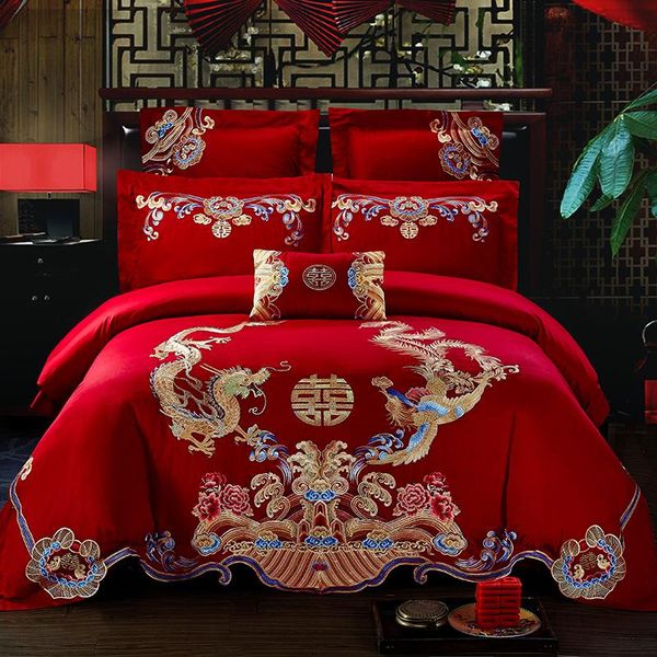 

bedding sets luxury 100% cotton chinese celebration wedding set embroidery duvet cover bed sheet pillowcases  king size 4/6/7pcs