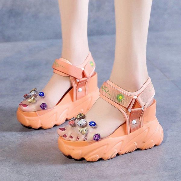

sandals sarairis 2021 summer for dropship wedges hook & loop crystal sweet party club cozy platform woman shoes, Black