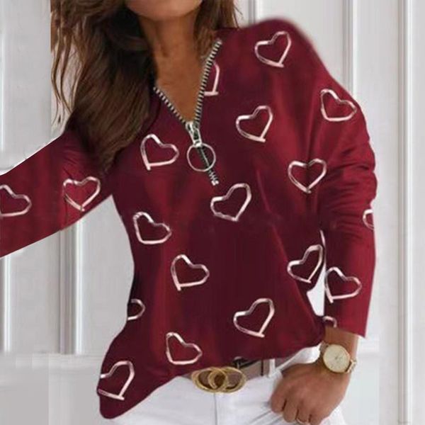 

women's t-shirt t shirt 2021 spring and summer fashion love printed zipper v neck long sleeve casual plus size soft #t2g, White