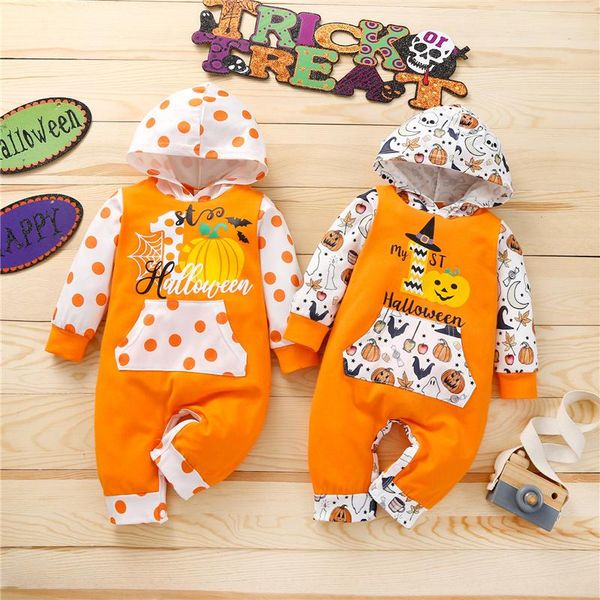 

jumpsuits 0-12month baby boys girls halloween casual jumpsuit,born toddler infant dots/pumpkin hooded long sleeves romper with buttons, Blue