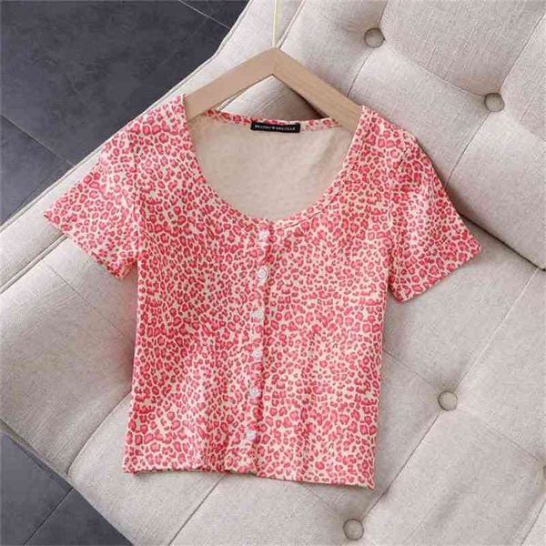 Slim Girls Vintage Leopardo Leopardo Short Bluses Verão Fahsion Senhoras elegante Bomba Camisas de algodão sexy feminino rosa tops mulheres chique 210401