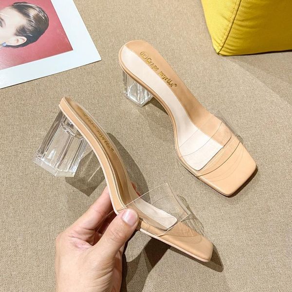 

transparent high heels women's thick heel fairy style 2021 summer all-match slippers, Black