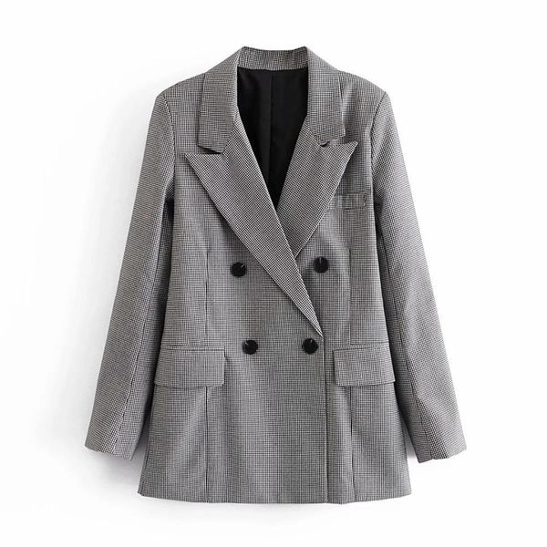 

women check blazer double-breasted long sleeves coat fashion casual vintage plaid woman femme veste 210420, White;black