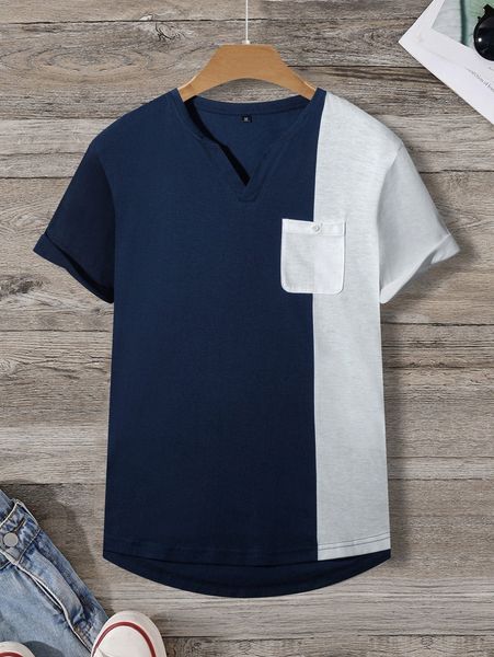 

men patched pocket colorblock high low tee k35g#, White;black