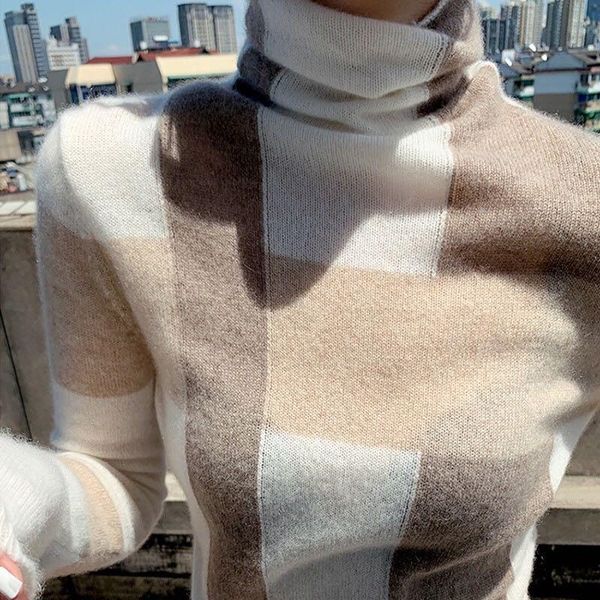 

women's sweaters cashmere sweater women high-neck vintage bodycon jumpers patchwork color wool pullover fashion warm knitted pullovers, White;black
