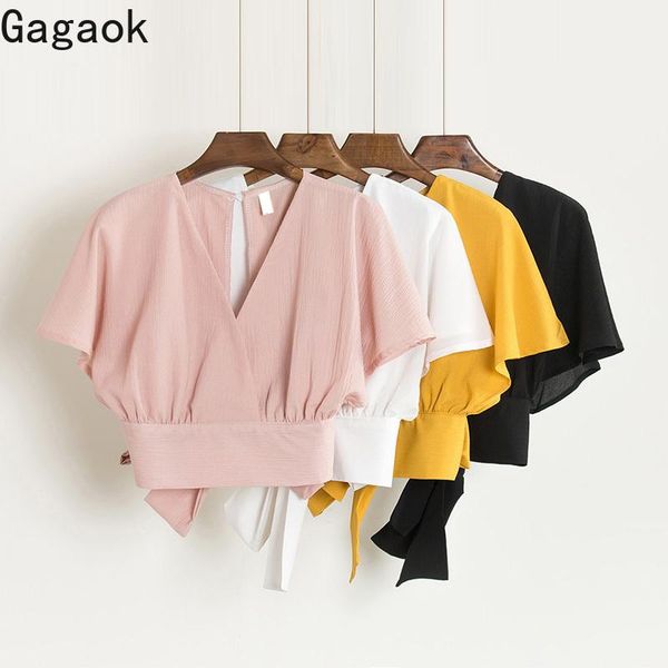 

gagaok women blouse spring autumn short solid v-neck bow slim navel chic casual harajuku wild female fashion shirt women's blouses, White