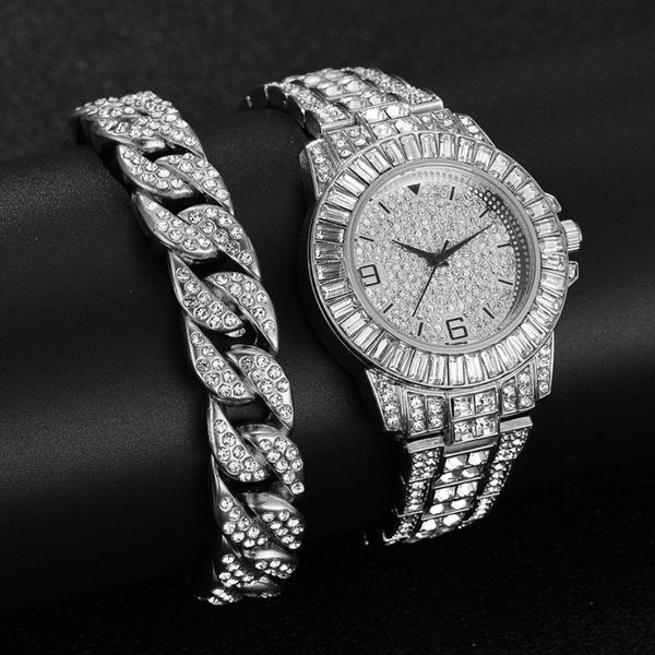 

wristwatches simple iced out watch + bracelet for women bling miami cuban chain luxury gold jewelry set gifts relojes para mujer, Slivery;brown