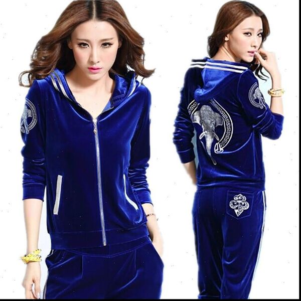 

velvet spring hooded jacket trousers women tracksuits two sets gold sportswear suit plus size female pants set 1518, Gray