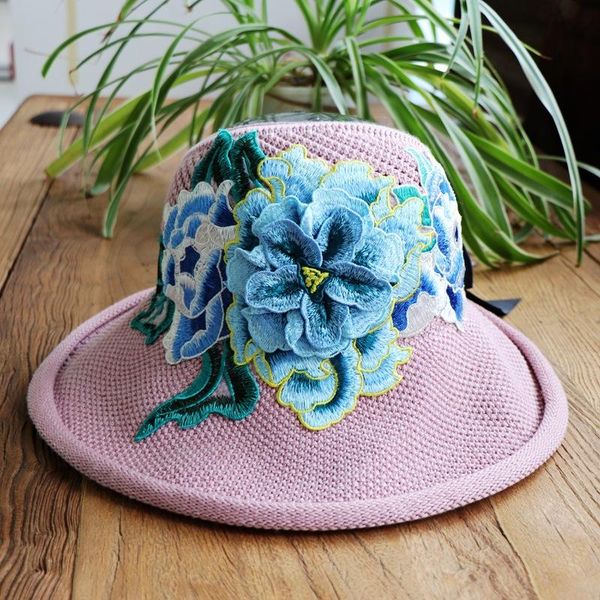 

wide brim hats ethnic style embroidered hat knitted empty three-dimensional large flower hollow fashion breathable, Blue;gray