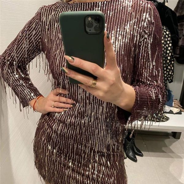 

casual dresses sncian solid v neck full sleeve tassel sequined dress 2021 spring party club mini robe femme vestidos cortos, Black;gray
