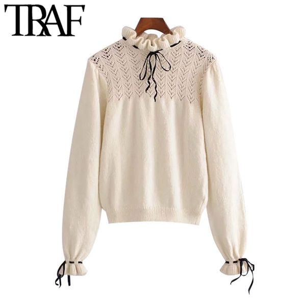 

women fashion with bows hollow out knitted sweater vintage high neck long sleeve female pullovers chic 210507, White;black