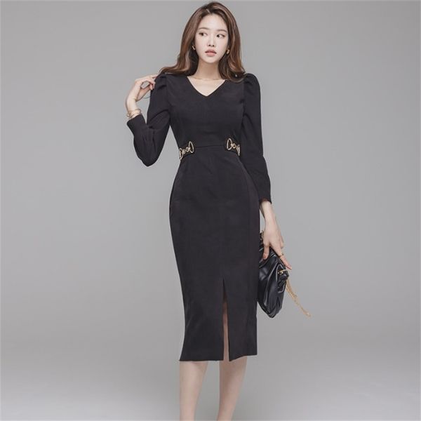 Черные плотные платья корейские дамы сексуальные с длинным рукавом V шеи Party формальная MIDI для женщин одежда 210602