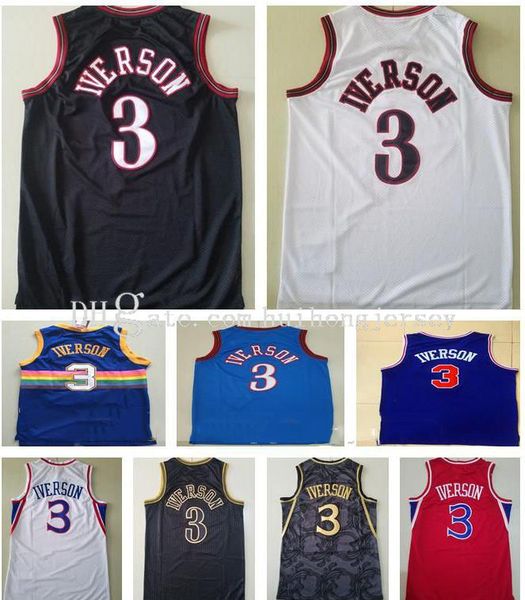 

professional men retro baskeball allen 3 iverson jerseys men iverson stitched white blue red vintage m&n baskeball jersey, Black;red