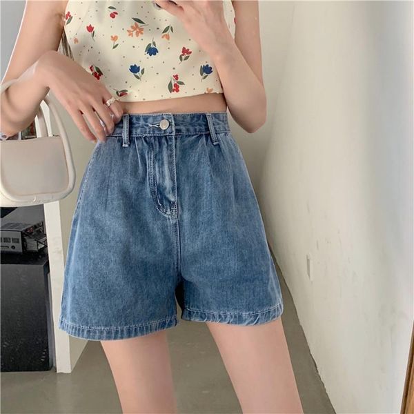 

women's shorts hzirip chic fashion korean high waist casual blue denim girl summer 2021 loose all-match wide-leg straight a-line, White;black