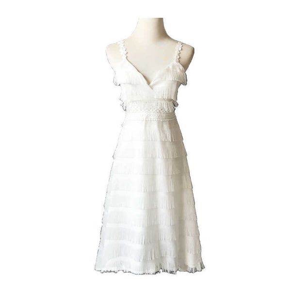 

perhaps u white lace ruffle tassel solid v neck sleeveless strap knee length dress summer d0591 210529, Black;gray