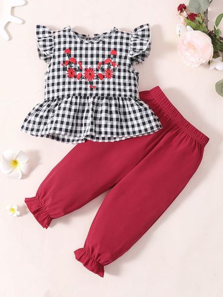 

baby gingham print floral embroidery ruffle trim peplum & pants she, White