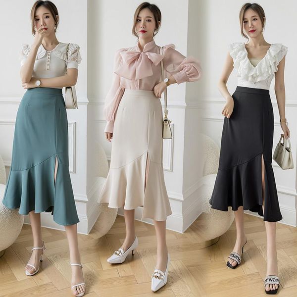 

skirts long fishtail falbala solid color split korean fashion high-waisted vintage spring autumn summer women's clothing 2021, Black