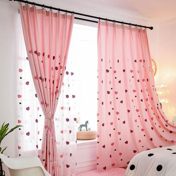 

curtain & drapes curtains for living room kids girl bedroom pink heart embroidered semi blackout nursery white textured sheer voile sliding