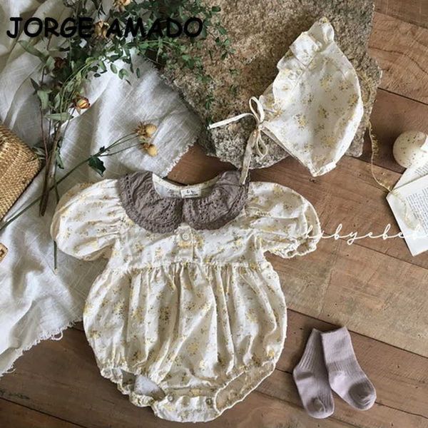 Estilo Coreano Verão Bebé Bodysuit Peter Pan Collar Floral Jumpsuit com Cap Roupas Bonito E803 210610