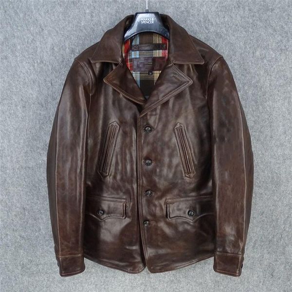 

dark brown retro casual style genuine leather jacket men plus size 4xl real cowhide autumn single breasted natural coat men's & faux, Black