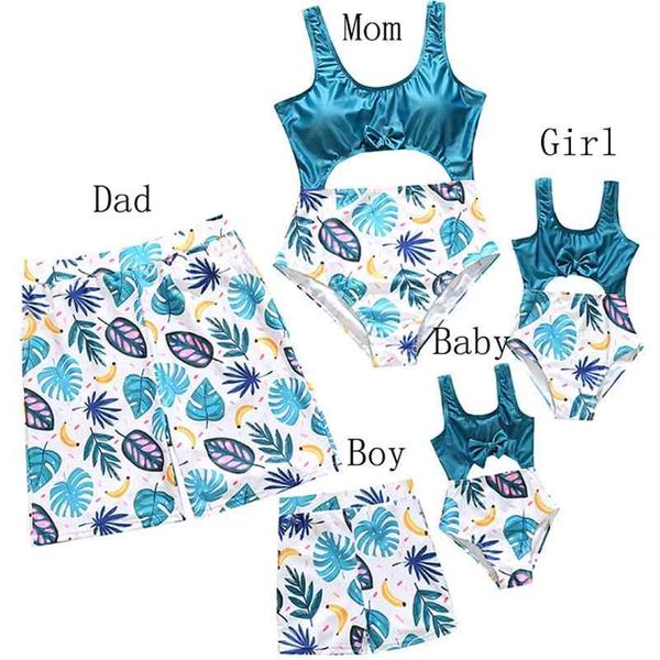 Famiglia Matching Swimsuit Leaf Stampa Mother Daughter Naby Girls Girls Bikini Mommy and Me Clothes Dad Son Beach Shorts 210417