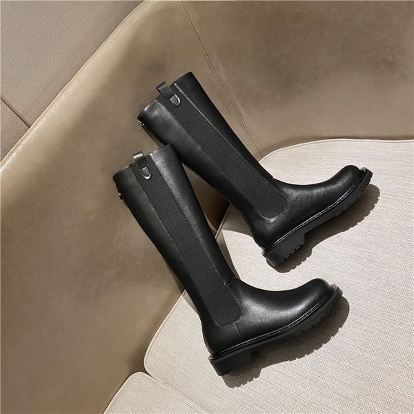 

asumer senior quality genuine leather + plutonium knee boots high flat-footed shoes round toe comfortable fashion riding women, Black