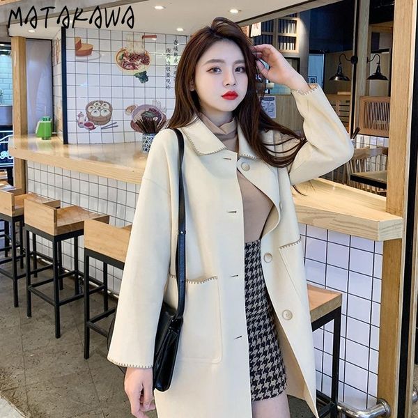 

women's trench coats matakawa autumn fashion turn down collar long sleeve pockets all-match coat korean solid elegant straight overcoat, Tan;black