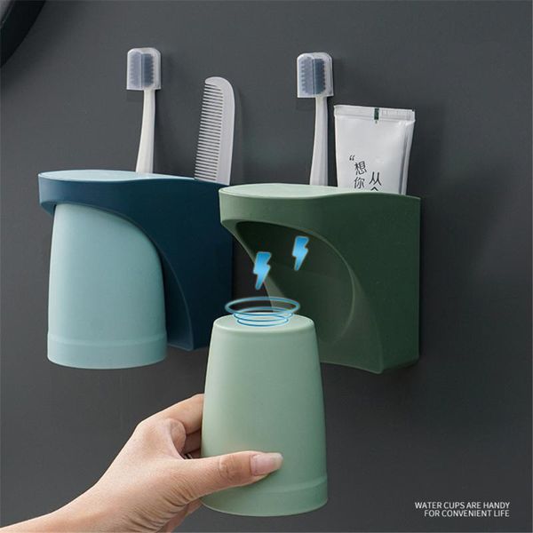 

toothbrush holders wall mount magnetic bathroom gargle cup holder anti-dust draining mug lover family set toothbrushing