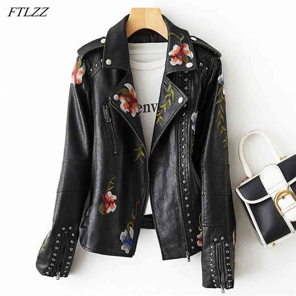 Frauen Retro Punk Stil Fuax Lederjacke Streetwear Moto Biker Stickerei Blumendruck Niet Pu Mantel Übergroße Outwear 210430