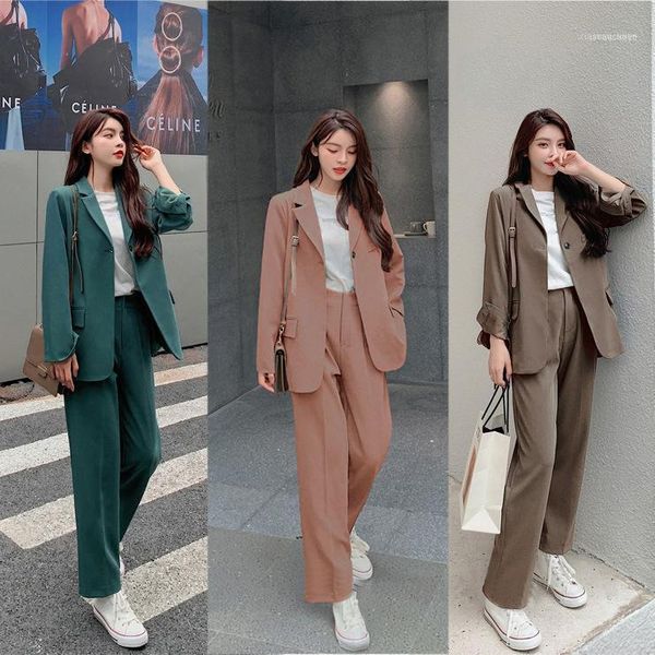 

women's two piece pants spring autumn office suit two-piece pantsuit elegant blazer girly female set casual loose jacket work c, White