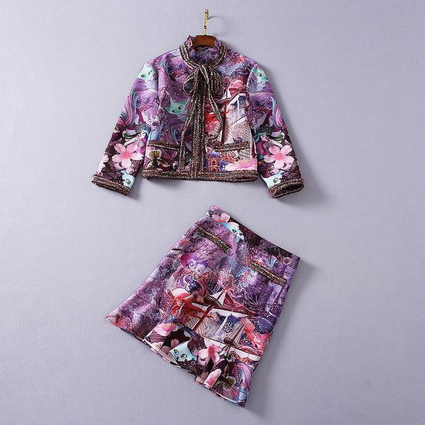 

dress european and american women's wear winter style seven-point sleeve cartoon print jacket fishtail skirt fashion suits jjhd, White