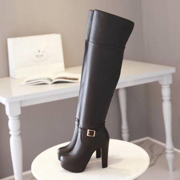 

boots style knee high heels women belt buckle zipper waterproof platform heel fashion boats for female, Black