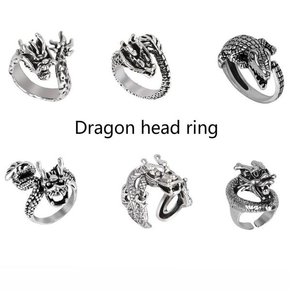 

trend adjustable vintage punk dragon ring men retro alloy biker rock rap gothic head male jewelry cluster rings, Golden;silver