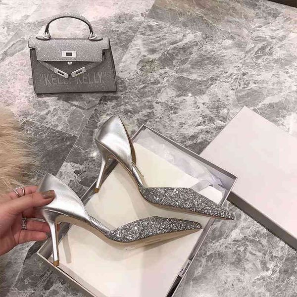 

6cm 8cm 10cm sandals high heels sequined crystal bridal shoes pointy french sandal silver gold black thin stilettos women