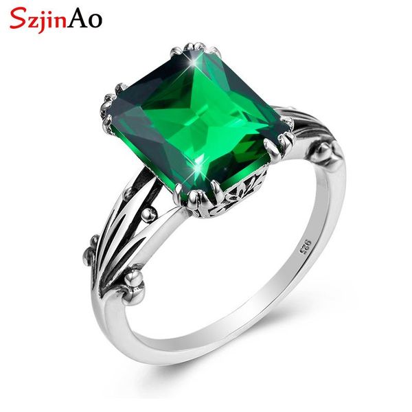 

cluster rings szjinao green emerald ring for women 925 sterling silver gemstone engagement anniversary wedding party fine jewelry, Golden;silver
