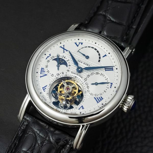 

wristwatches multi-function men tourbillon mechanical watch calendar moonphase dial st8007 movement mens wrist watches 50m, Slivery;brown