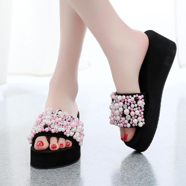 

slippers women's summer fashion pearl wedges sandals non-slip beach, Black
