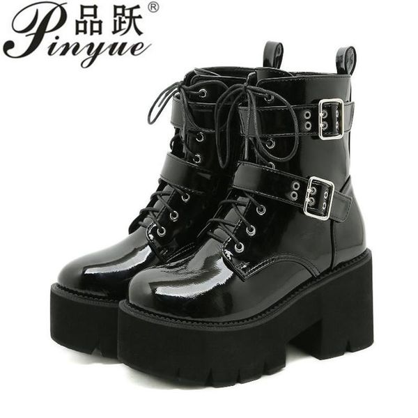 

boots metal buckle bright leather black patent women waterproof platform shoes gothic autumn cross tied high heels