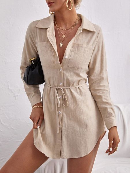 

dual pocket belted shirt dress u0px#, Black;gray