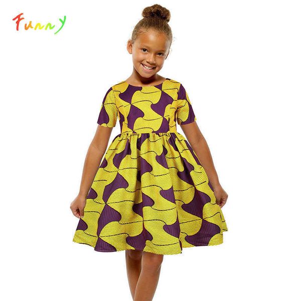 Meninas Roupas Africanas Crianças Bazin Riche Dashiki Ankara Vestidos de Verão para Meninas Listrado Impresso Crianças Vestido de Aniversário Multi Q0716