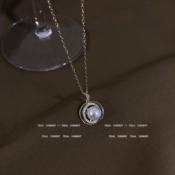 

pendant necklaces light luxury titanium steel clavicle chain necklace female rhinestone pearl circle simple fashion trend jewelry, Silver