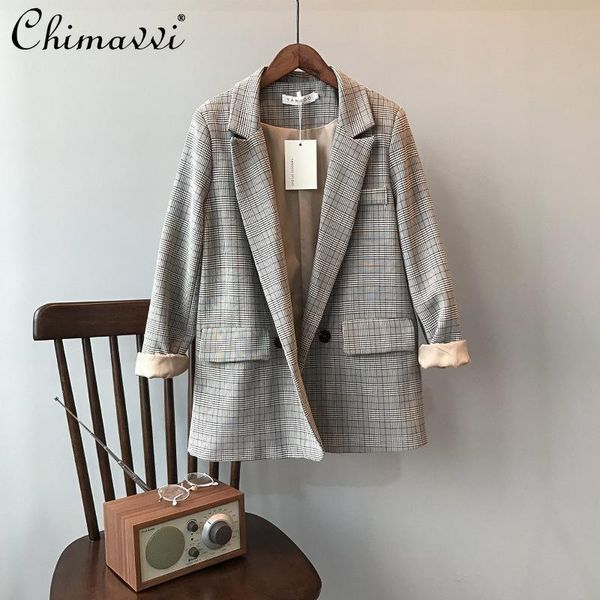 

women's suits & blazers 2021 autumn korean style retro plaid suit coat loose casual long sleeve blazer female vintage jacket, White;black