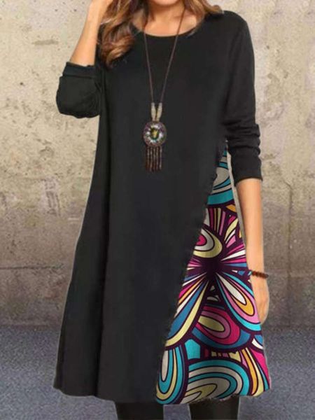 

casual dresses round neck long sve contrast drs, Black;gray