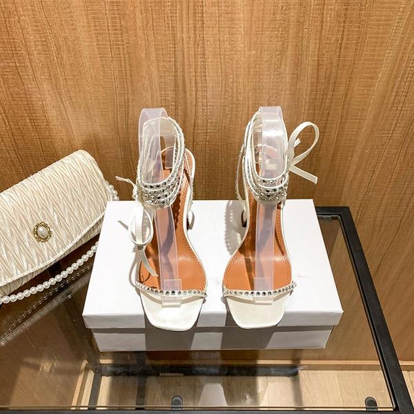 

sandals 2021 summer crystal women square toe open rhinestone ankle straps cross high heel wedding dress shoes, Black