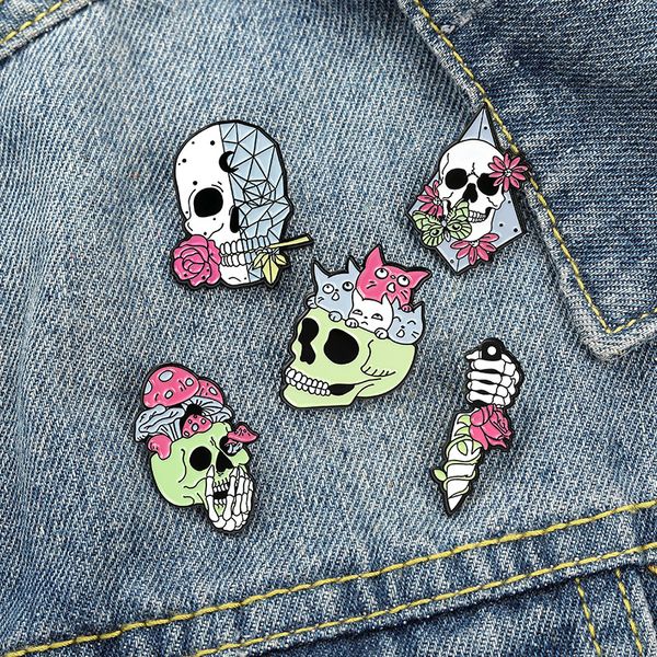 

rose series skull mushroom brooches pins alloy painting cat flowers collar badge for halloween gift skeleton knapsack clothes wear jewelry a, Gray