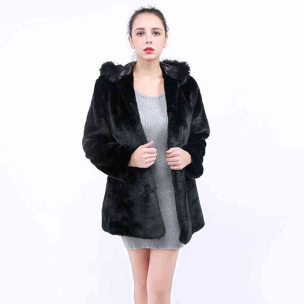 

imitation fur women's mink coat hooded coat slim medium length 211207, Black