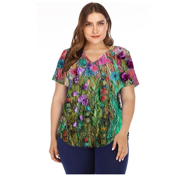 

plus size t-shirt summer 3d floral print t shirt women short sleeve v-neck casual fashion clothes ladies cotton shirts 2021, Black