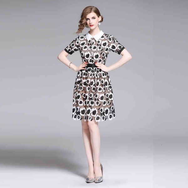 

dresses runway summer women contrast turn down collar black white floral hollow out lace elegant embroidery, Black;gray