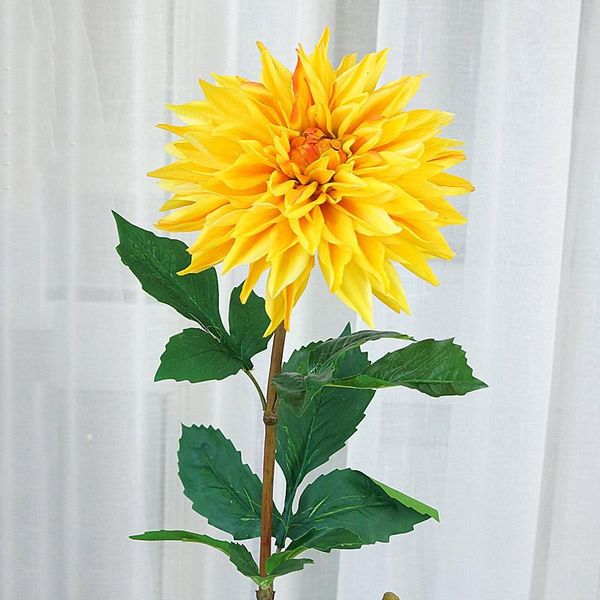 

luxury real touch big dahlia long branch with green leaf artificial flowers for home room decor fake flower flores artificiais decorative &